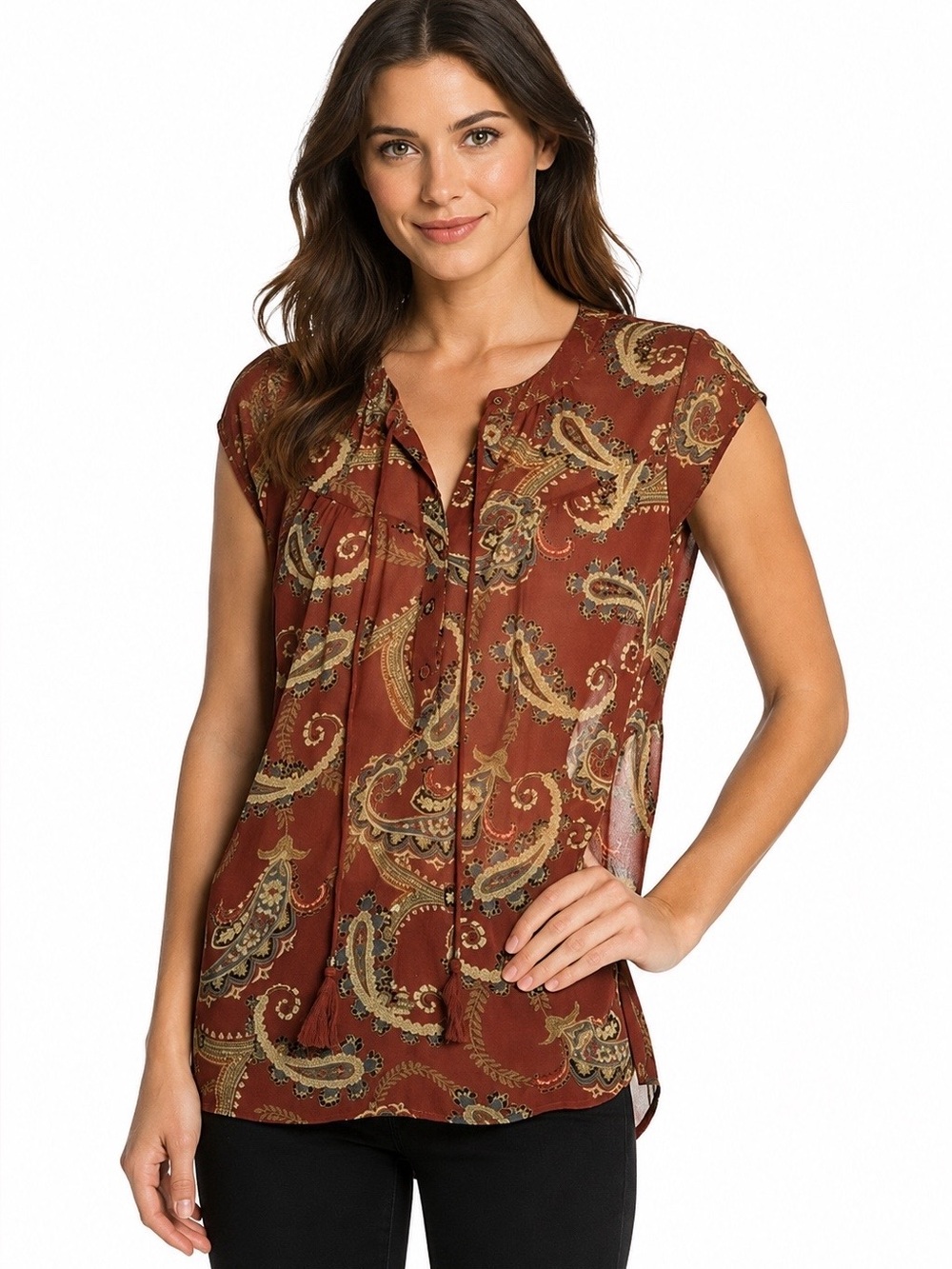 DR2 by Daniel Rainn Red Paisley Sheer Tie Front Relaxed Fit Boho Peasant Top S